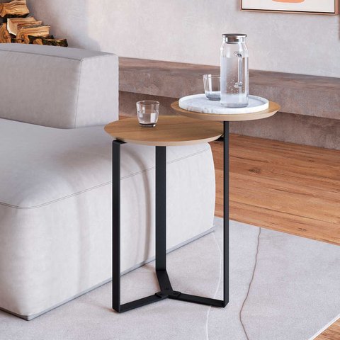 Mesa Lateral Industria Lchanfrada Artesano 44 Cm (largura) 2 Tampos Mdp Hanover (mel) Pé Aço Preto
