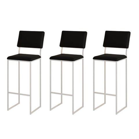 Kit 3 Banquetas com Encosto Industrial e Moderna Nina Branco e Corino Preto