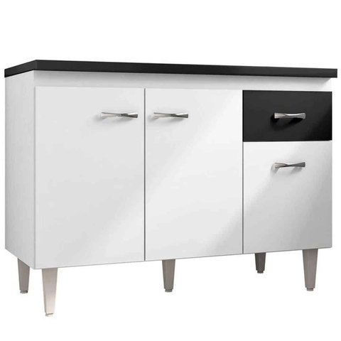 Balcão de Pia sem Tampo 120 Cm 3 Portas 1 Gaveta Graziela Branco e Preto