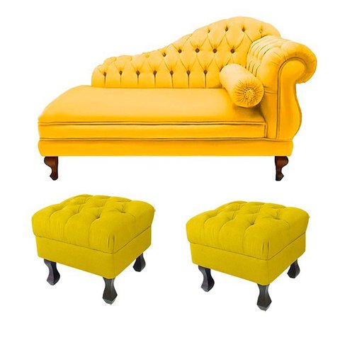 Recamier Divã Namoradeira Larissa 150cm + 2 Puffs Retrô Suede Amarelo - LM DECOR