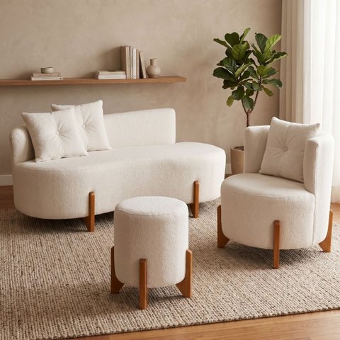 Kit Decorativo Sofá Curvo Orgânico + 01 Puff e Poltrona Luna Boucle Off White - Montanaris Decor