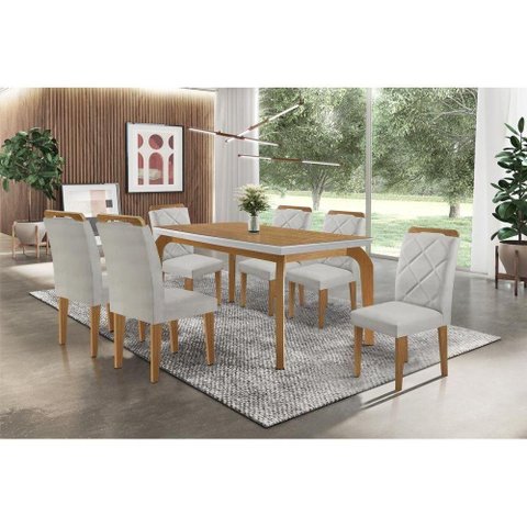 Conjunto: Mesa Sala Jantar Londrina Tampo Madeirado c/ Vidro 180cm + 6 Cadeiras Melissa Imbuia/Bege