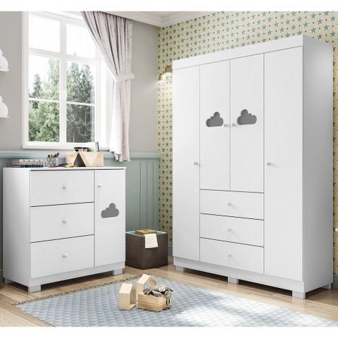 Conjunto Infantil Guarda Roupa e Cômoda Duda 100% Mdf Branco Brilho - Sallar Home