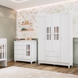 Quarto de Bebê Gabrielle Guarda Roupa 4 Portas com Gavetas Cômoda Infantil 4 Gavetas com Porta