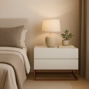 Mesa de Cabeceira Retrô Alto Padrão com 2 Gavetas Base Cobre:off White