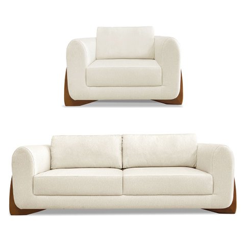 Kit Poltrona e Sofá Living 2 Lugares 1,60m Lottus Linho Pés Castanho - Pallazio Natural