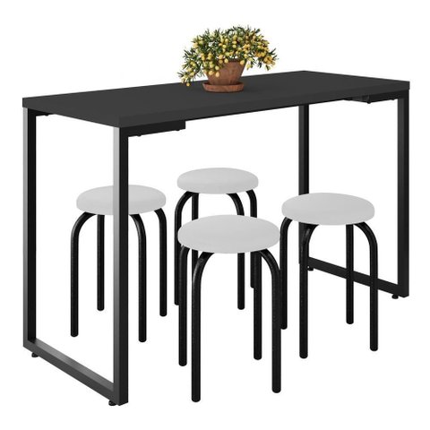 Mesa de Cozinha Bistrô Porto Preto 120cm com 4 Banquetas Industriais Maviê Branco/preto -