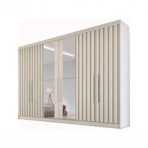 Guarda-roupa Casal com Espelho 6 Portas 6 Gavetas Móveis Europa Ripado Potente Off White