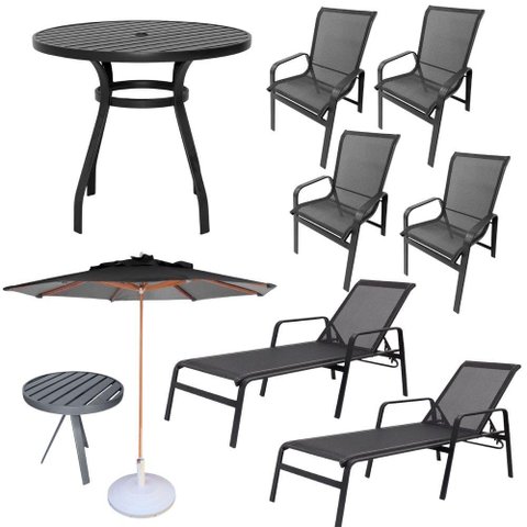 Kit 2 Chaises 1 Mesa 4 Cadeiras 1 Mesinha Ombrelone com Base Preto