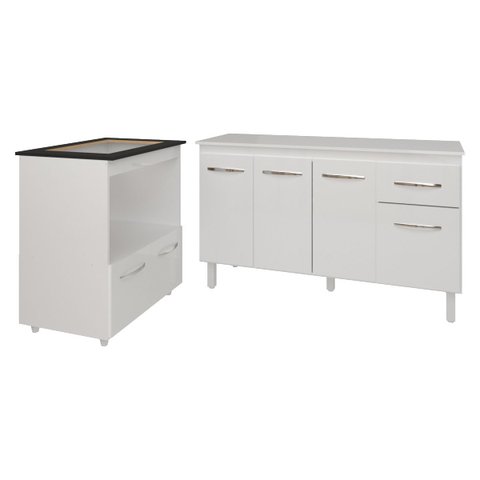Armário Gabinete Camila 138 Cm com Tampo Tampão e Balcão Evelyn para Cooktop 4 Bocas Branco