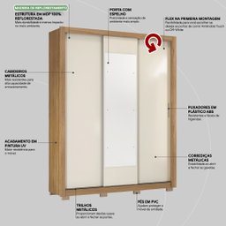 Guarda Roupa Casal 3 Portas com Espelho e 2 Gavetas Vero - Amêndola Touch/off White - 7