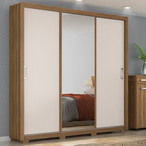 Guarda Roupa Casal 3 Portas com Espelho e 2 Gavetas Residence - Amêndola Touch/off White