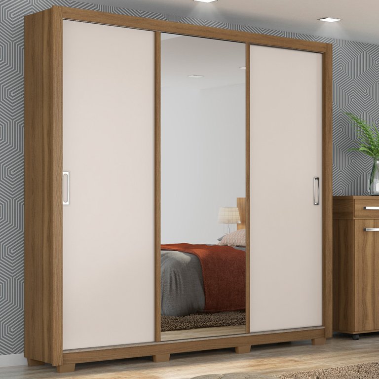 Guarda Roupa Casal 3 Portas com Espelho e 2 Gavetas Residence - Amêndola Touch/off White