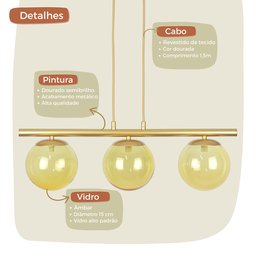Pendente Jabuticaba Dourado 3 Globos de Vidro Mesa de Jantar:âmbar - 3