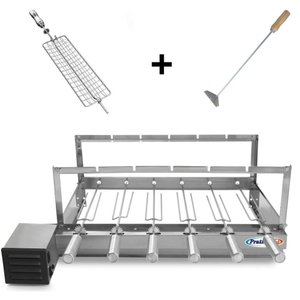 Kit Gira Grill 6 Espetos Tridente + Espeto Grelha + Espalha Carvão