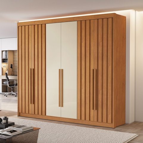 Guarda Roupa Casal 6 Portas 4 Ripadas Portugal 100% MDF Cinamomo e Off White Marrom