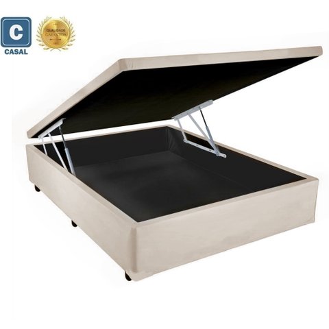Cama com Baú Pistão á gás Casal Bege Suede