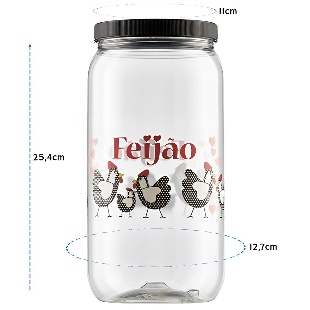 Pote Plástico Feijão Tampa Preta Estampa Galinha 2700ml - 2