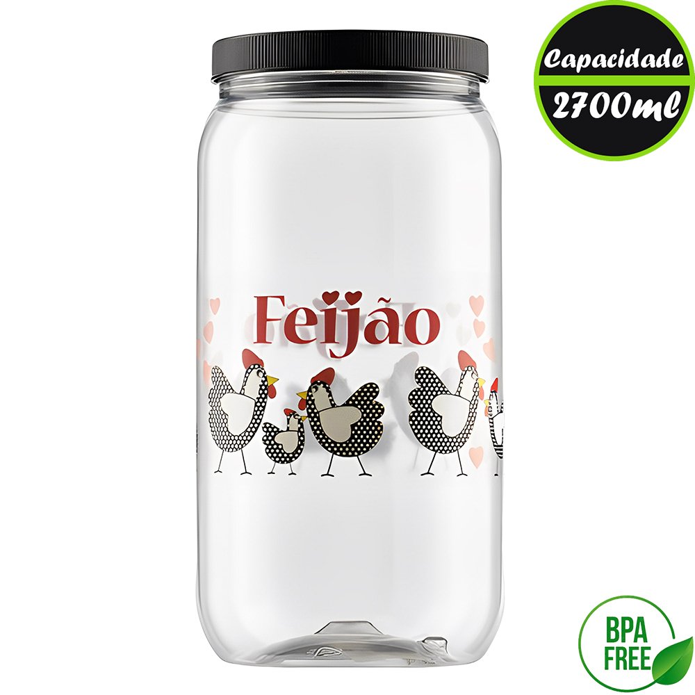 Pote Plástico Feijão Tampa Preta Estampa Galinha 2700ml - 5