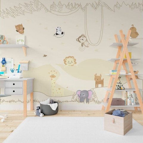 Papel De Parede Adesivo, Infantil Bichinhos Selva 1X1