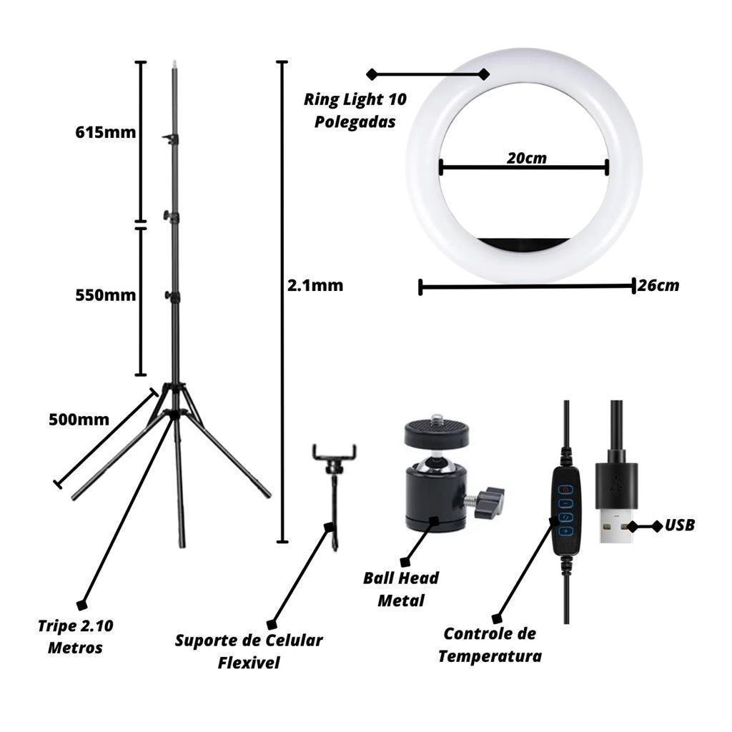 Ring Light Led Iluminador 26Cm Completo + Tripé 2.1M