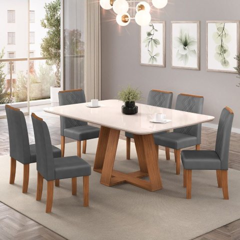 Conjunto Sala de Jantar Mesa Tampo Retangular Chanfrado Curvo Mad/vid 160 X 90cm Kiara Freijó Off Wh
