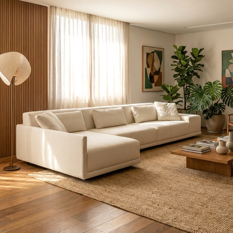 Sofá de Canto 5 Lugares com Chaise Lado Esquerdo em Sarja 336x196cm Off White