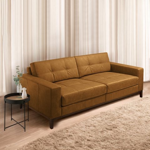 Sofá Decorativo Bruno 3 Lugares Sala de Estar 240cm Pés em Madeira Couro Caramelo Manchado G88 - Gra