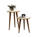 Ver imagem 2 de 2 Mesas Lateral e Apoio Tampo Sextavado Pés Palito Retrô Six cor Off White com Freijó - Comprar Móve
