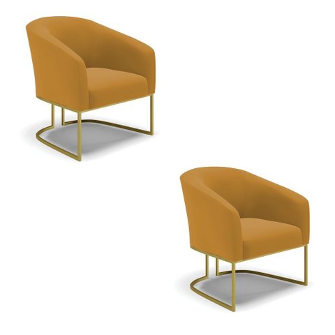 Poltrona Sala Decorativa Kit 2 Stella Base Industrial Dourada Veludo Mostarda D03 - D’Rossi