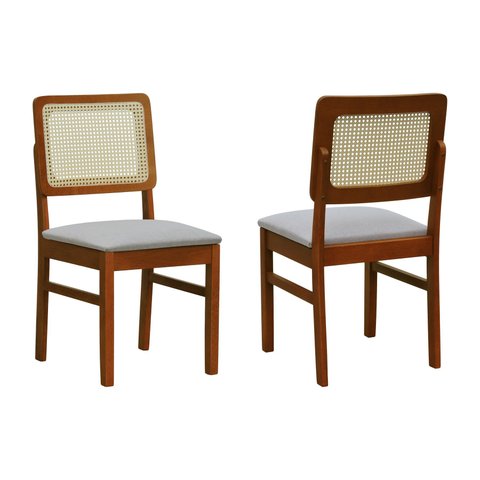 Kit 2 Cadeiras Madeira Maciça Lyon Encosto Telinha Natural - Amêndoa Assento Estofado Linho Bege Mes