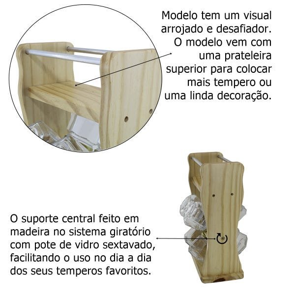 Porta Temperos e Condimentos Madeira Mesa 8 Potes de Vidro Moderno Exclusivo - 5