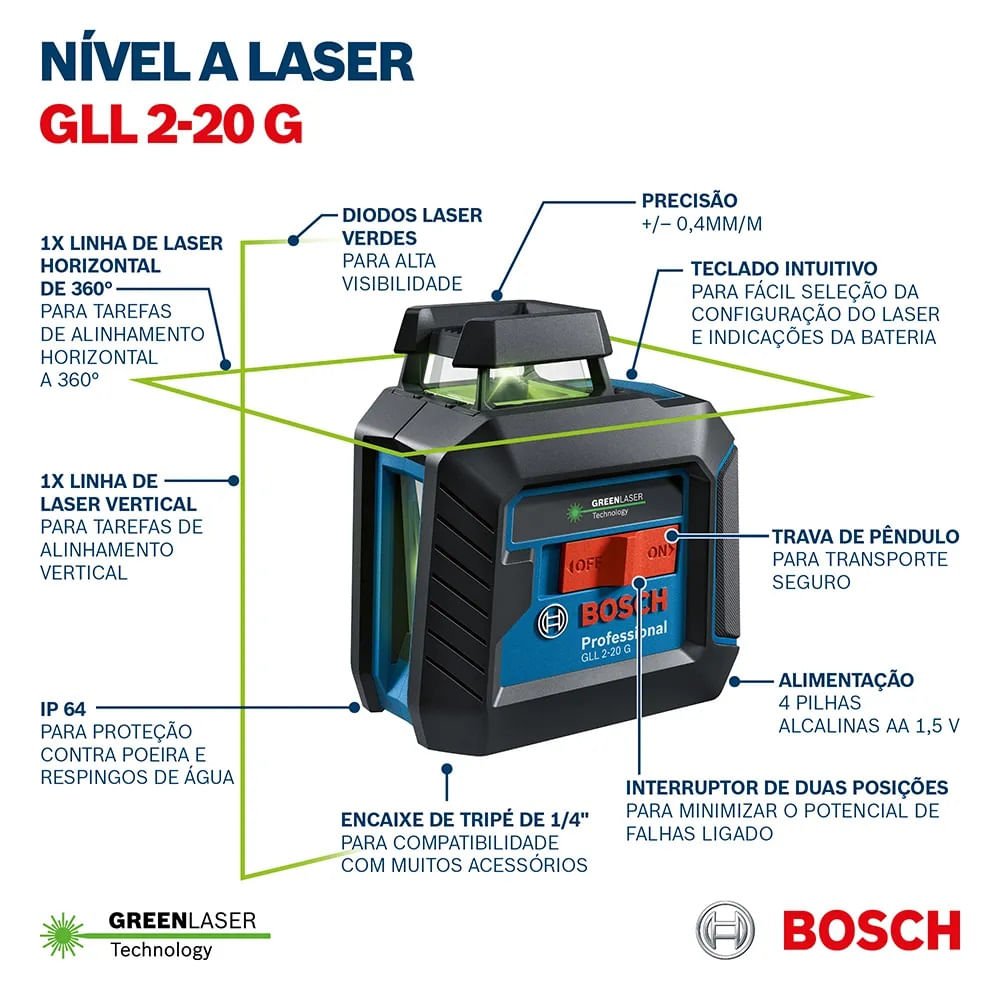 Nível Laser Verde Profissional Alcance 10m Gll 2-20g Bosch 01 Unidade - 5