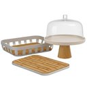 Ver imagem 1 de Kit Café da Manhã Boleira Cúpula Bandeja Tábua Migalheira Bambu Lume Bege ou