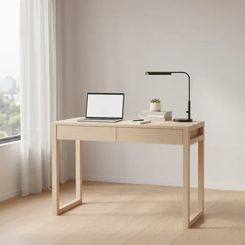 Escrivaninha Mesa Escritório Spinea 90cm Madeira Clara Natural White Ash Fraxinus com 2 Gavetas
