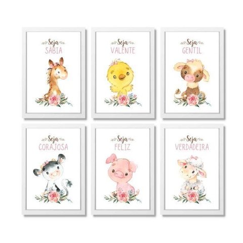 6 Quadros Decorativos com Moldura Animais da Fazenda Menina