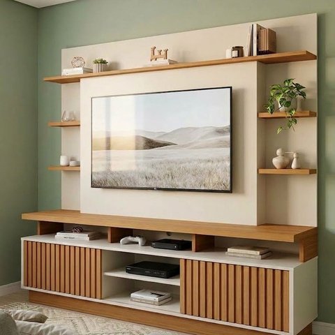 Estante Ripada para TV até 65 Polegadas 100% MDF com 2 Portas e Prateleiras 218x191x45cm