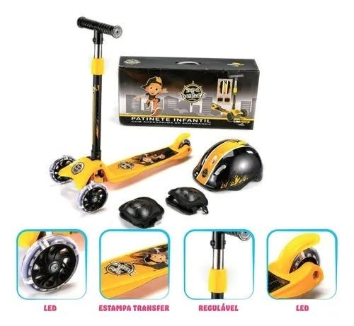 Patinete Com Capacete + Acessórios de Proteção Três Rodas Led Infantil - 4