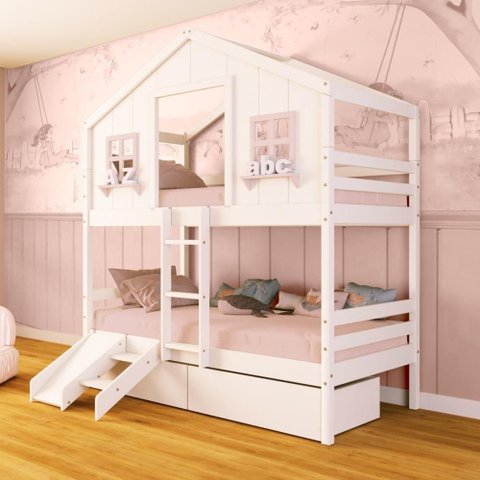 Beliche Casinha Dos Sonhos com 02 Gavetas Kit Escada/ Escorregador Madeira Maciça Branco/ Rosa