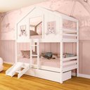 Ver imagem 1 de Beliche Casinha Dos Sonhos com 02 Gavetas Kit Escada/ Escorregador Madeira Maciça Branco/ Rosa