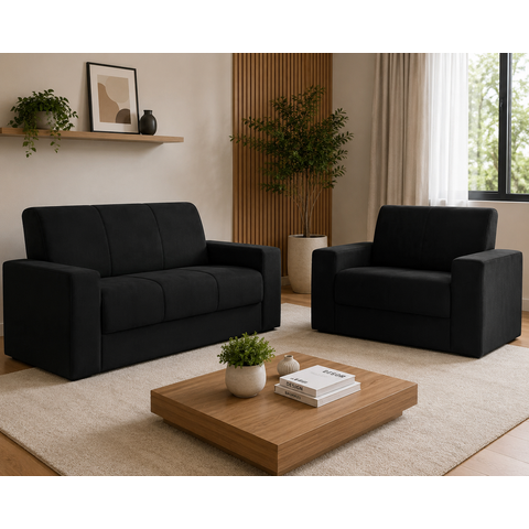 Conjunto Sofá 2 e 3 Lugares Veludo Recife 125cm e 170cm Preto