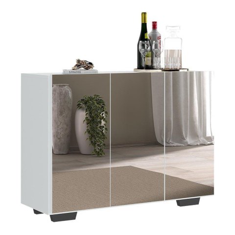 Aparador Buffet 4 Portas Com Espelho E Pés Quadrados Vegas V3560 Branco/Preto Branco/Preto