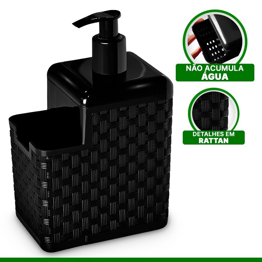 Kit Porta Detergente e Esponja Rattan Preto C/ Rodo Pia - 2