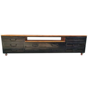 Rack Estilo Industrial de Ferro e Madeira - com 4 Rodízios, 8 Gavetas e 1 Prateleira