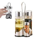 Ver imagem 1 de Galheteiro de Vidro 4 Peças Vinagre Pimenta Sal Azeite Suporte Mesa Restaurante Casa Condimento Temp