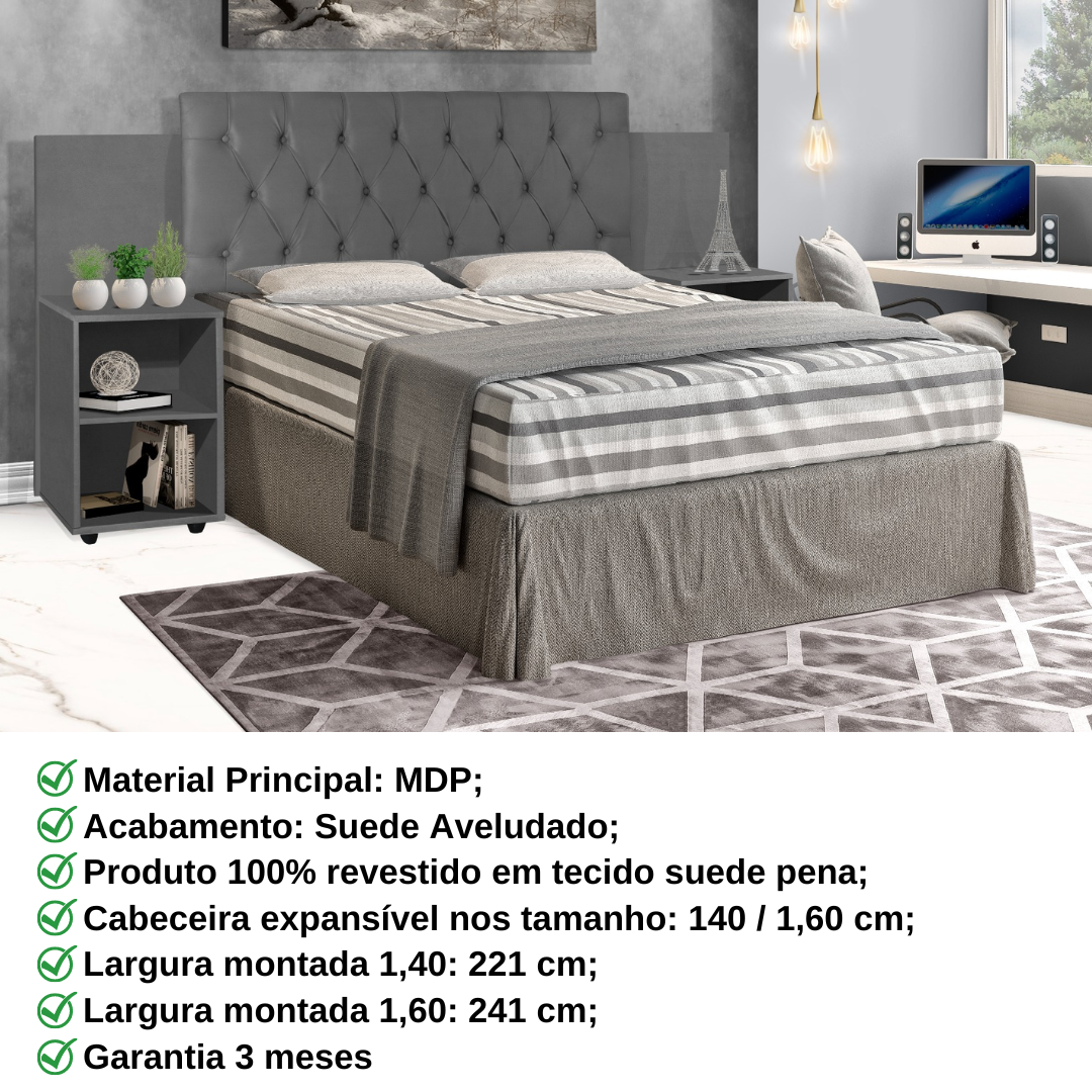 Cabeceira para Cama Box Extensível com Mesa de Apoio Classic:cinza - 3