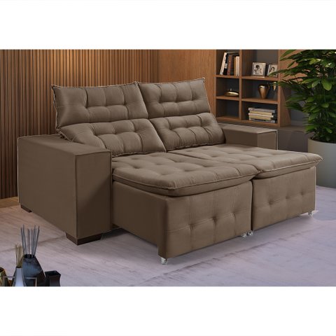 Sofá Retratil Reclinável 3 Lugares Pillow em Veludo Tamanho 1,90 Amêndoa