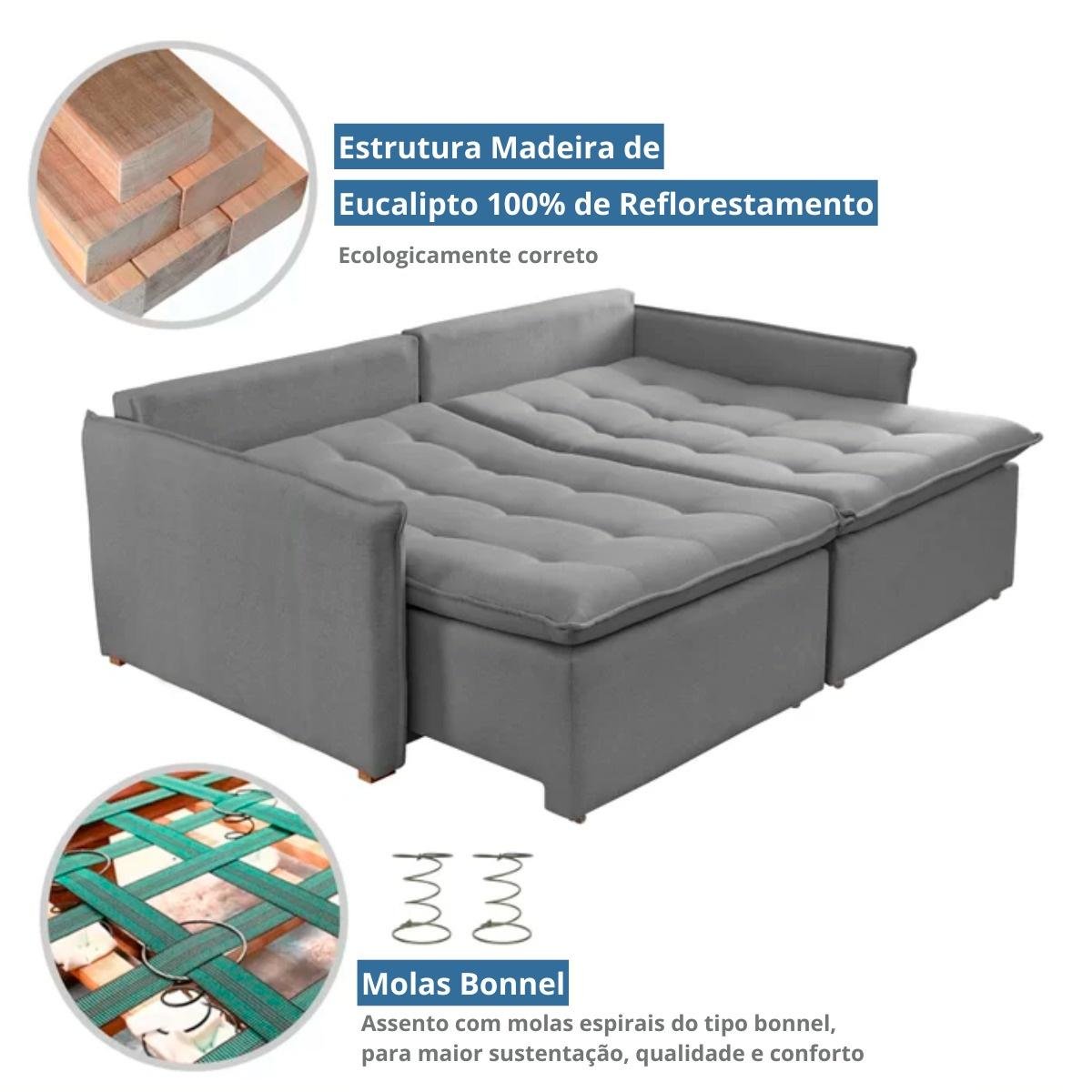 Sofá Cama com Molas Bonnel Retrátil Veludo Roma 1.60x1.45 Cinza - 4