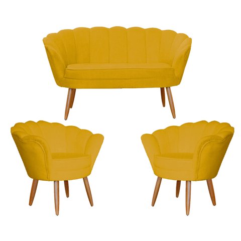 Conjunto Namoradeira Pétala de Flor + 2 Poltronas Pés Palito Suede Amarelo Mostarda