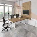 Ver imagem 1 de Mesa de Reunião Industrial 200cm com Caixa de Tomadas Painel para TV Macadâmia e Branco F5 Office